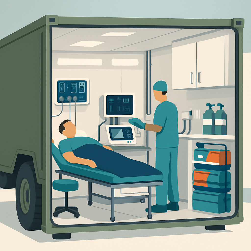 Genişletilebilir mobil klinikte muayene yatağı, monitör, ultrason ve düzenli acil ekipmanları bulunuyor.
