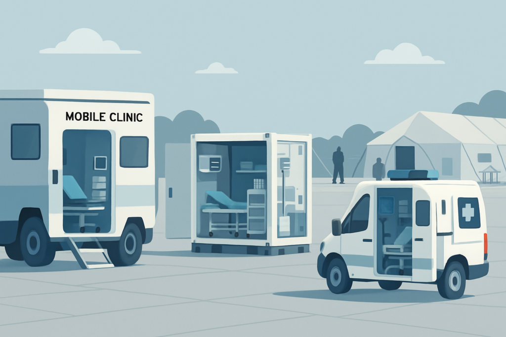 Mobil klinik, medikal konteyner ve ambulansın yer aldığı düzenli askeri lojistik alanı.